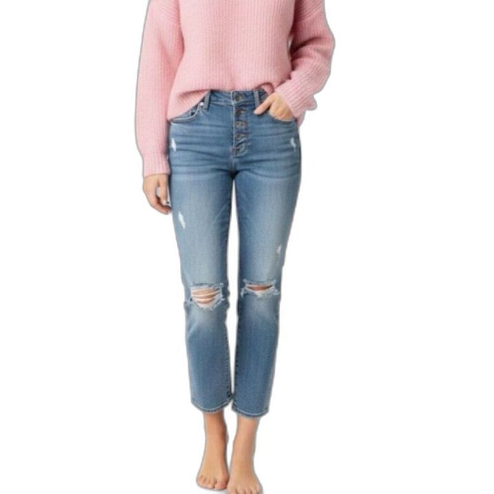Pistola Presley Blue Med Wash High Rise Button Fly Distressed Boyfriend Jeans 29